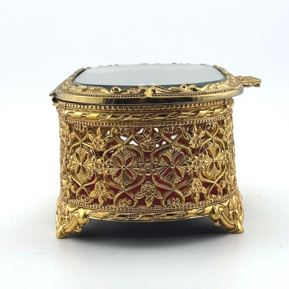 Vintage Mele Gold Filigree Casket Jewelry Box‎ Beveled Glass Japan